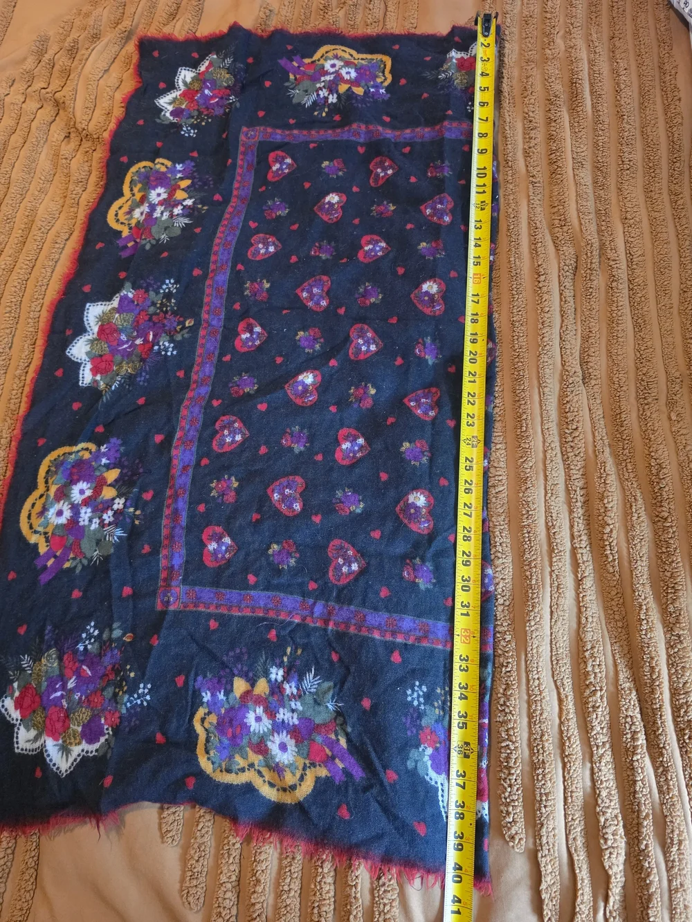 Vintage Slavic-Style Floral & Heart Square Shawl EUC